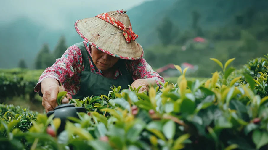 Cueilleuse chinoise récoltant à la main des feuilles de thé bio dans les montagnes du Yunnan